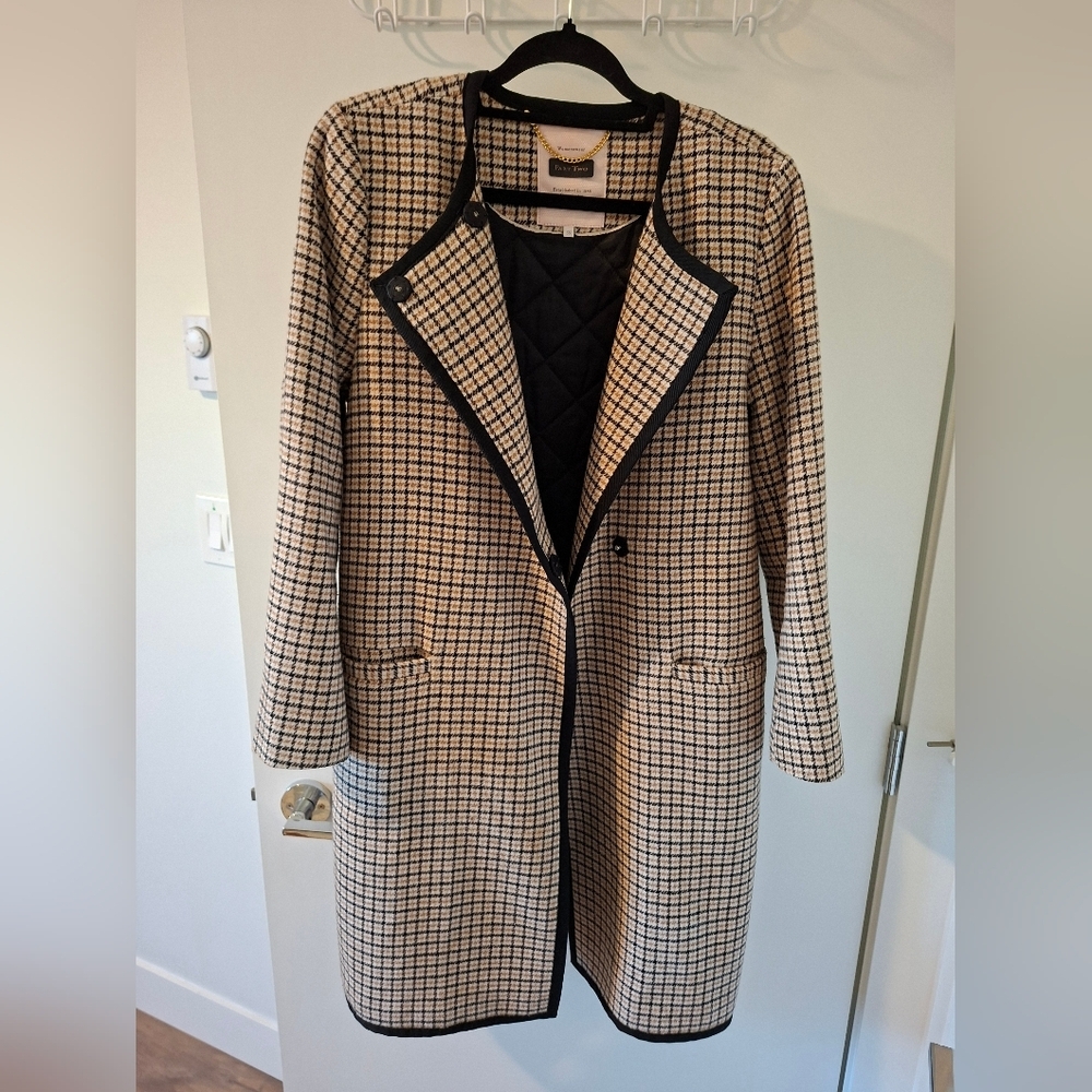Part Two Women's Collarless Cream, Brown & Black Plaid Coat (Size S; EU 36)